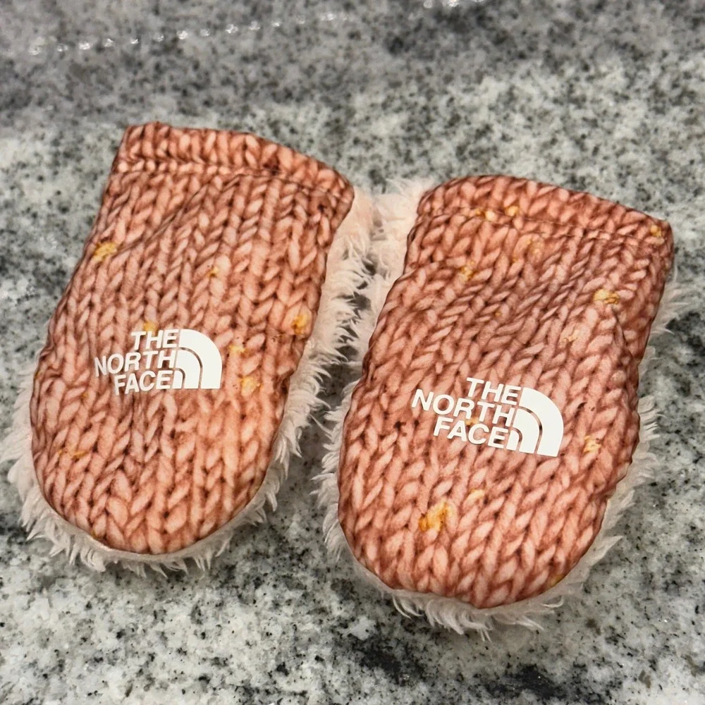 The North Face Kids Fuzzy Mittens Pink Knit Print‎ Logo Size XS